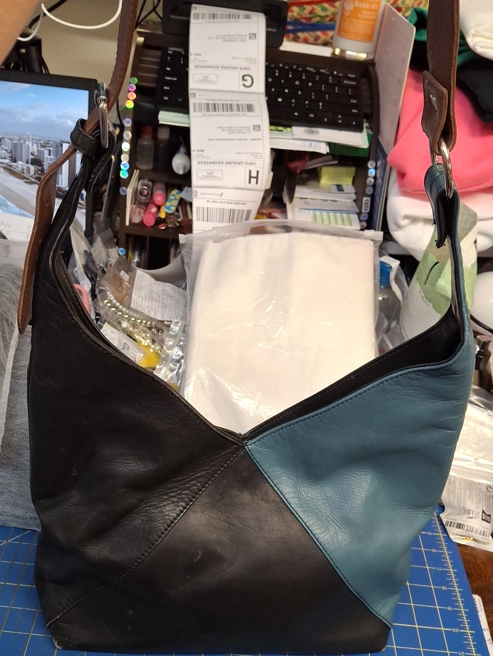 NorthStyle Tri-Color Black Brown Teal Tri-Tone Leather Hobo Shoulder Bag Prelove